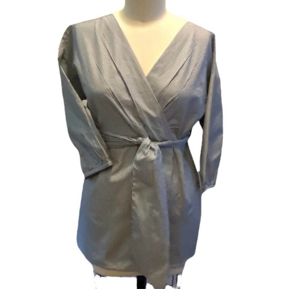 MOTHERHOOD Ladies MATERNITY Crisp Cotton Denim Blue Striped Wrap Around Blouse M